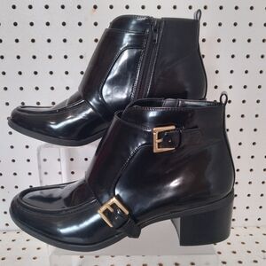 Anne Klein | Shoes | Women's Ankle Boots Buckle Glossy Low Black Heel Sz 9.5 M
